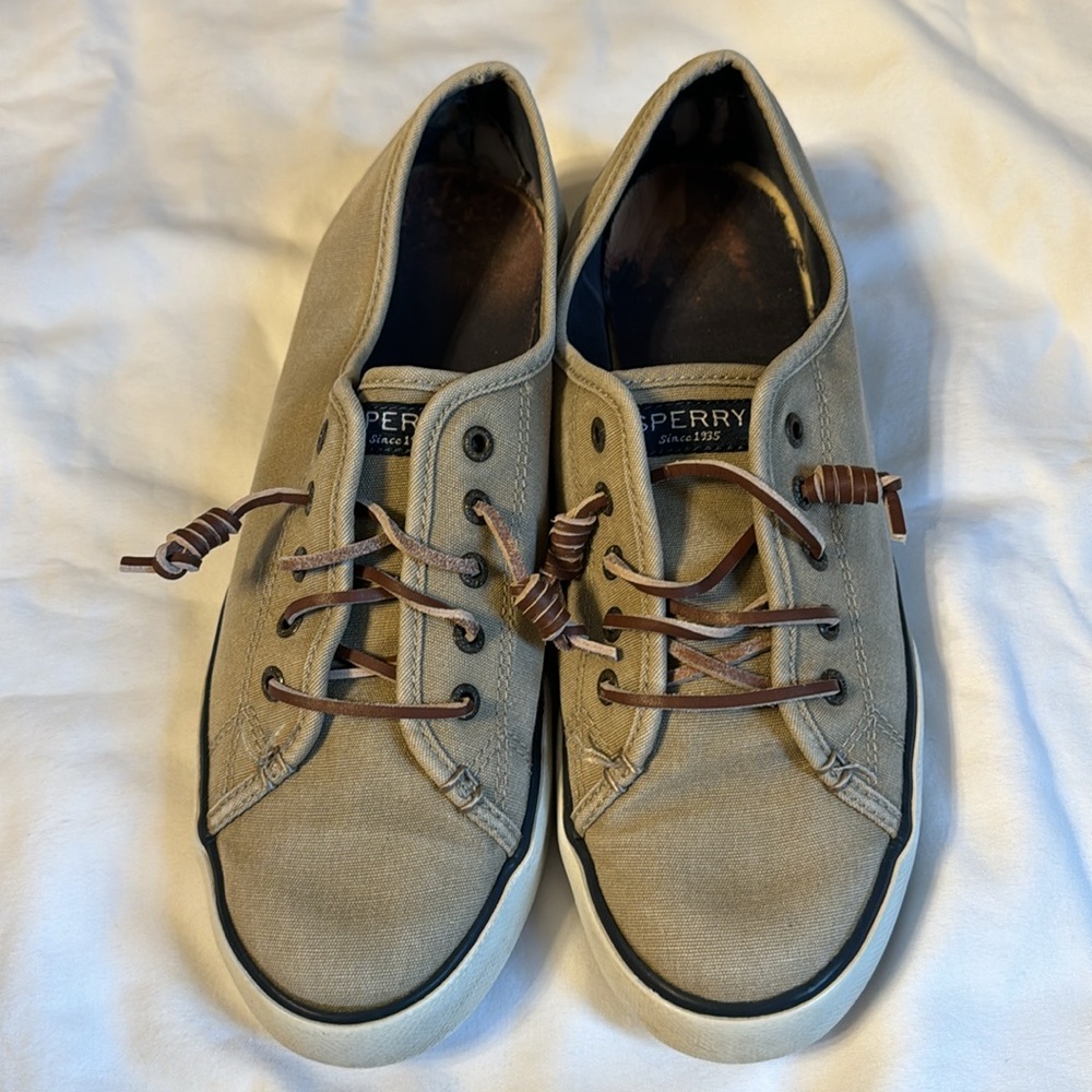 Sperry shoes since 1935 khaki athletic casual no tie navy blue stripes women sz9 - Picture 3 of 6